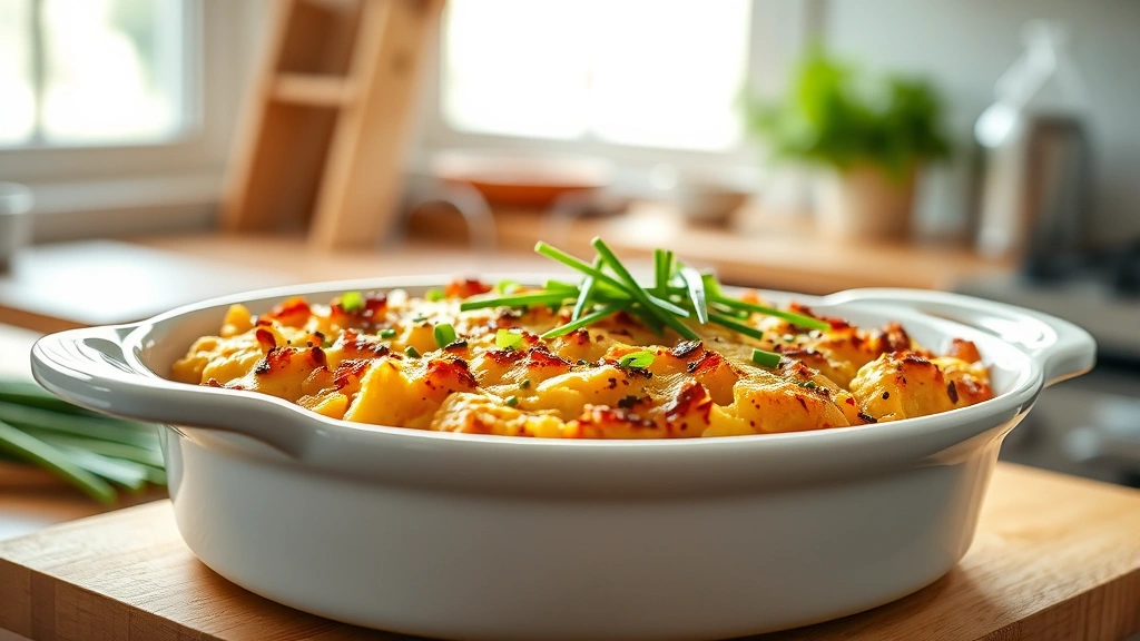 hero: golden-brown hash brown casserole in white ceramic baking dish, fresh chives garnish on top, steam rising, natural window light, cozy kitchen background, photorealistic, no text