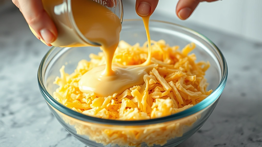 process: hands pouring creamy cheese sauce over shredded hash browns in bowl, melted cheese visible, golden lighting, close action shot, photorealistic, no text