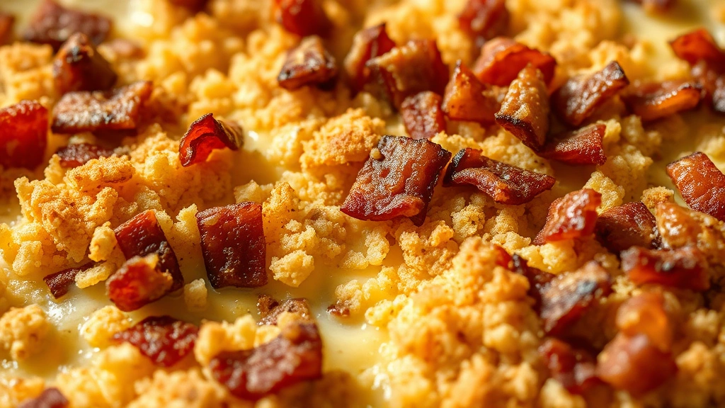detail: close-up of crispy golden breadcrumb and bacon topping on casserole, melted cheese bubbling underneath, macro photography style, warm natural light, photorealistic, no text