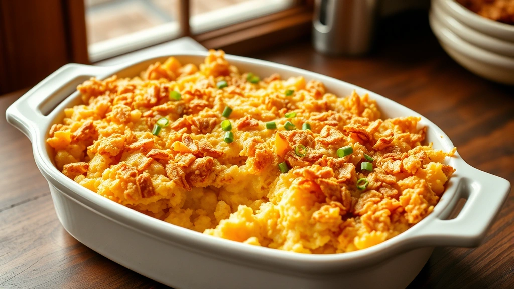 hero: golden-brown Cracker Barrel hashbrown casserole in white ceramic baking dish, crispy cornflake topping, melted cheese visible, fresh chives garnish, steam rising, rustic wooden table background, natural window light, appetizing comfort food photography