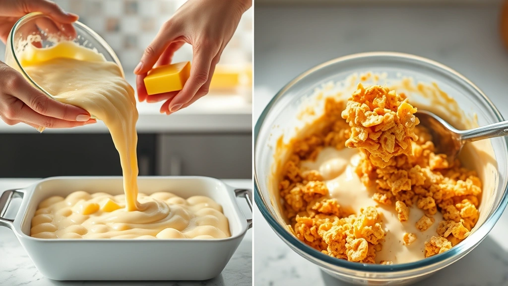 process: hands pouring creamy potato mixture into baking dish, melted butter and cornflakes topping being sprinkled over casserole, close-up of mixing bowl with hashbrowns and cream sauce, bright kitchen counter, natural daylight streaming in