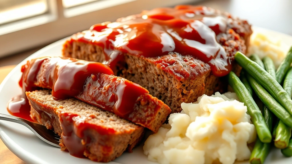 hero: sliced cracker barrel meatloaf with glossy brown sugar ketchup glaze on white plate, served with creamy mashed potatoes and green beans, warm natural window light, steam rising, fork nearby, no text