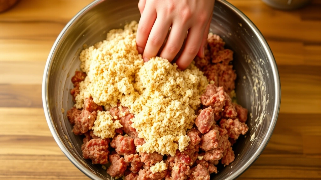 process: hands gently mixing ground beef and pork with breadcrumb mixture in large bowl, showing careful folding technique, natural kitchen lighting, ingredients visible, no text