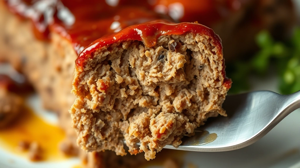 detail: close-up cross section of meatloaf slice showing tender texture and caramelized glaze, on fork, shallow depth of field, warm lighting, no text