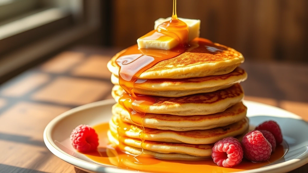 hero: stack of fluffy golden Cracker Barrel-style pancakes topped with melting butter and drizzled with maple syrup, warm natural morning light, wooden table background, fresh raspberries on the side, no text