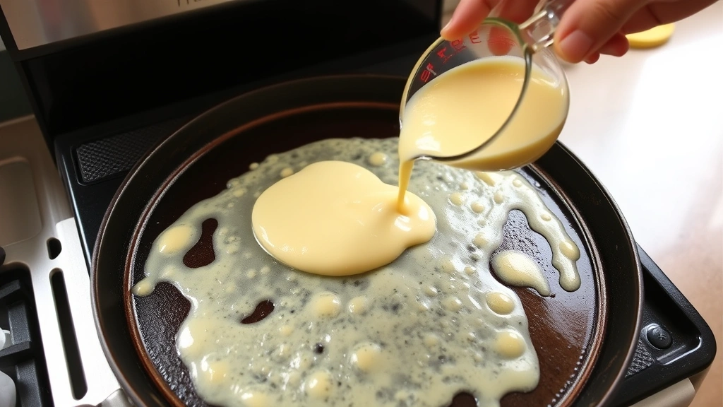 process: pouring pancake batter onto a hot buttered griddle with a measuring cup, golden bubbles forming on the surface, hands visible, kitchen counter, natural window light, no text