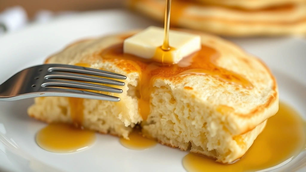 detail: close-up of a single pancake cut in half showing the fluffy interior texture, melting butter on top, maple syrup dripping down the side, fork on plate, soft natural lighting, no text
