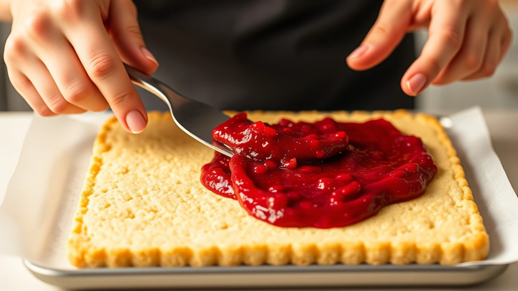 process: Spreading vibrant red cranberry filling over golden baked shortbread layer with offset spatula, filling glossy and jamlike, warm kitchen lighting, hands holding spatula with manicured nails