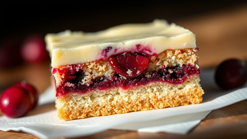 detail: Close-up cross-section of single cranberry bliss bar showing all three distinct layers—golden shortbread base, jewel-toned cranberry middle, creamy white chocolate top—sitting on white napkin, dramatic side lighting highlighting textures