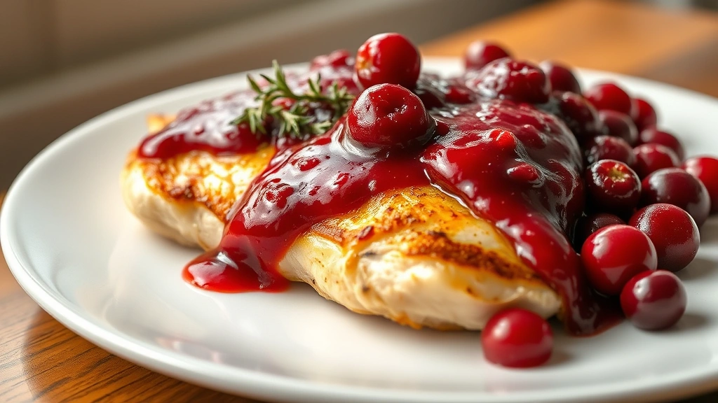 hero: golden-brown chicken breast covered in glossy cranberry sauce with fresh cranberries and thyme garnish on white plate, photorealistic, natural window light, no text, shallow depth of field