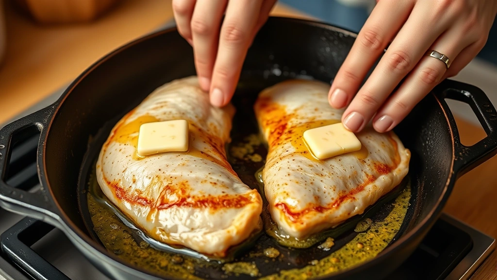 process: hands searing chicken breast in cast iron skillet with butter and oil, golden crust forming, photorealistic, warm kitchen lighting, no text