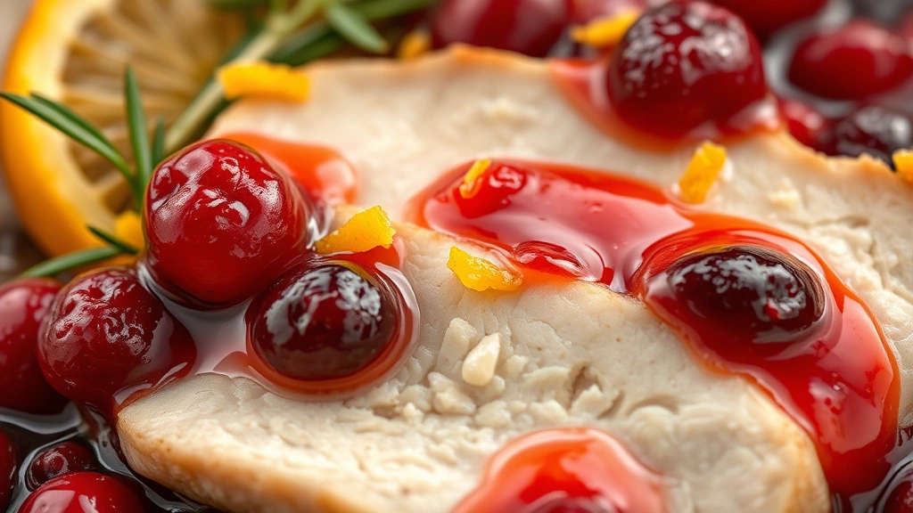 detail: close-up of cranberry sauce with burst cranberries and orange zest clinging to chicken, photorealistic, soft natural light, no text, macro photography