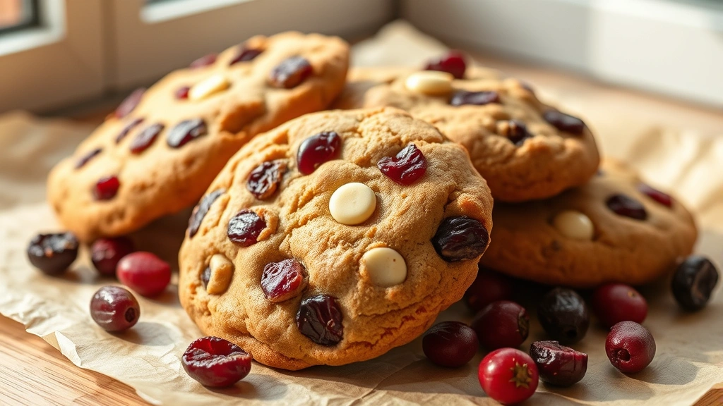 hero: golden brown cranberry cookies with visible dried cranberries and white chocolate chips on parchment paper, warm natural window light, cookies slightly overlapping, fresh cranberries scattered around, photorealistic, no text