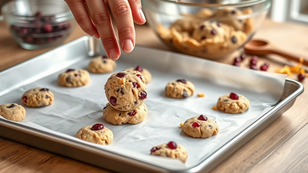 process: hands dropping cookie dough onto baking sheet lined with parchment paper, mixing bowl with cranberry cookie dough in background, wooden spoon and orange zest visible, warm kitchen lighting, photorealistic, no text
