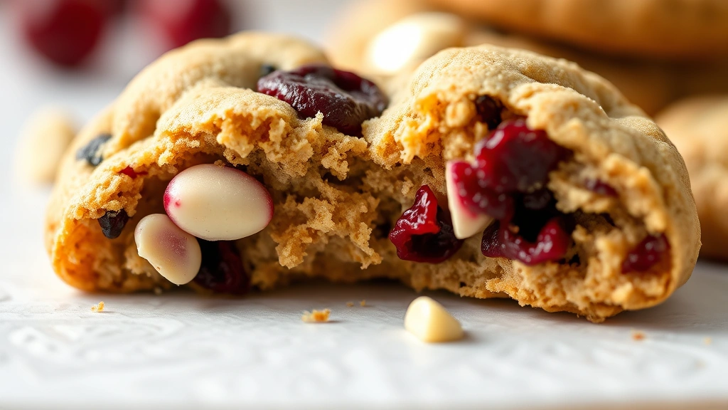 detail: close-up macro shot of single cranberry cookie broken in half showing chewy interior and cranberry pieces, white chocolate chips visible, shallow depth of field, natural daylight, photorealistic, no text