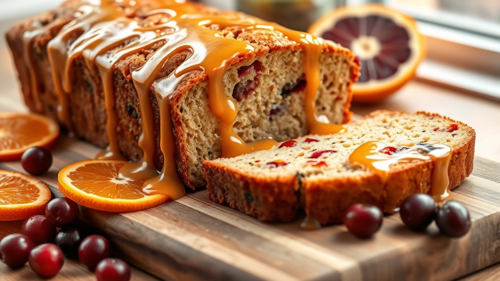 hero: freshly sliced cranberry orange bread with orange glaze dripping down the sides, displayed on a wooden cutting board with fresh cranberries and orange slices scattered around, warm natural window light, no text