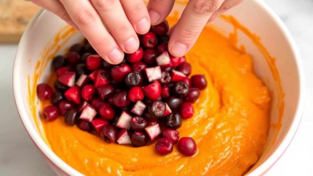 process: hands folding fresh chopped cranberries into bright orange-hued batter in a ceramic mixing bowl, photorealistic close-up, natural kitchen light, no text