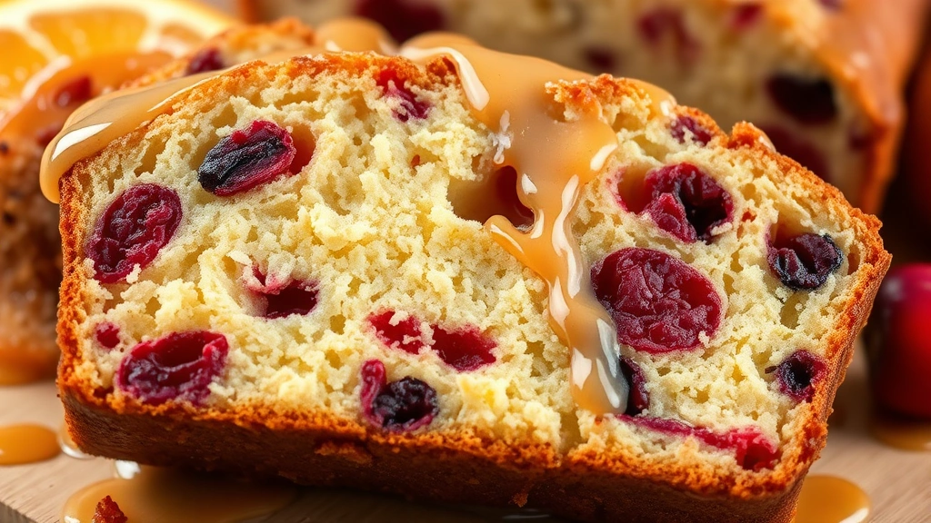 detail: cross-section of sliced cranberry orange bread showing moist crumb structure and tart cranberries throughout, drizzled with glossy orange glaze, shallow depth of field, no text