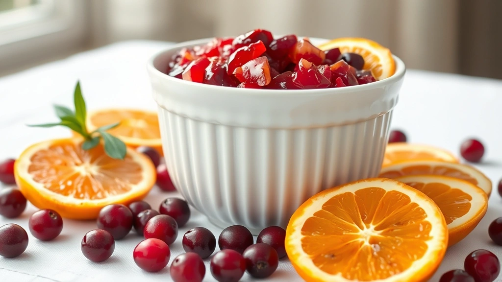 hero: finished cranberry orange relish in white ceramic bowl with fresh cranberries and orange slices arranged artfully around it, natural window light from left, on white tablecloth, photorealistic, no text