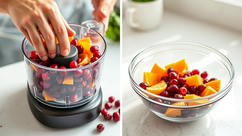 process: hands using food processor to pulse cranberries and oranges, glass bowl with ingredients nearby, bright kitchen counter, photorealistic, natural light, no text