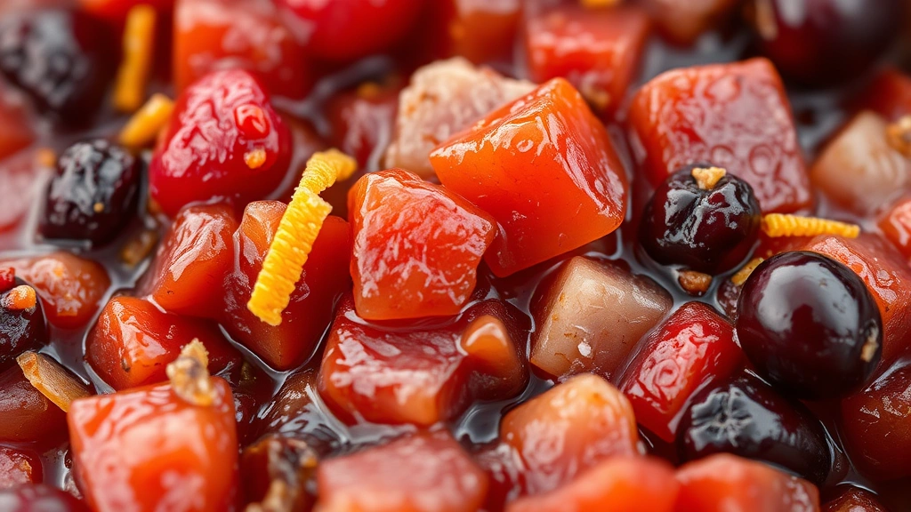 detail: close-up macro shot of chunky relish texture with visible orange zest, cranberry pieces, and spices, shallow depth of field, photorealistic, natural daylight, no text