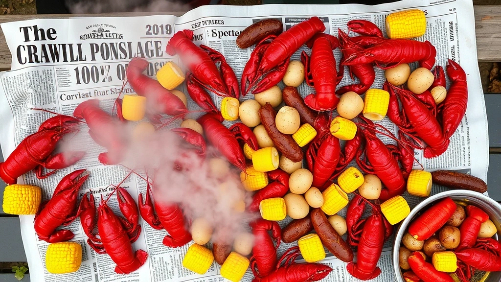 hero: overhead shot of vibrant crawfish boil spread on newspaper-covered table, live red crawfish with corn, potatoes, sausage, and lemon wedges, steam rising, natural daylight, rustic outdoor setting, no text or watermarks