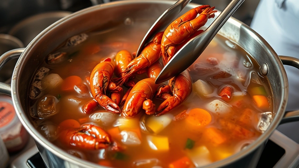 process: large stockpot with rolling boiling water, crawfish being added with tongs, vegetables visible in broth, cayenne pepper and spices visible, professional cooking action shot, natural kitchen lighting, no text