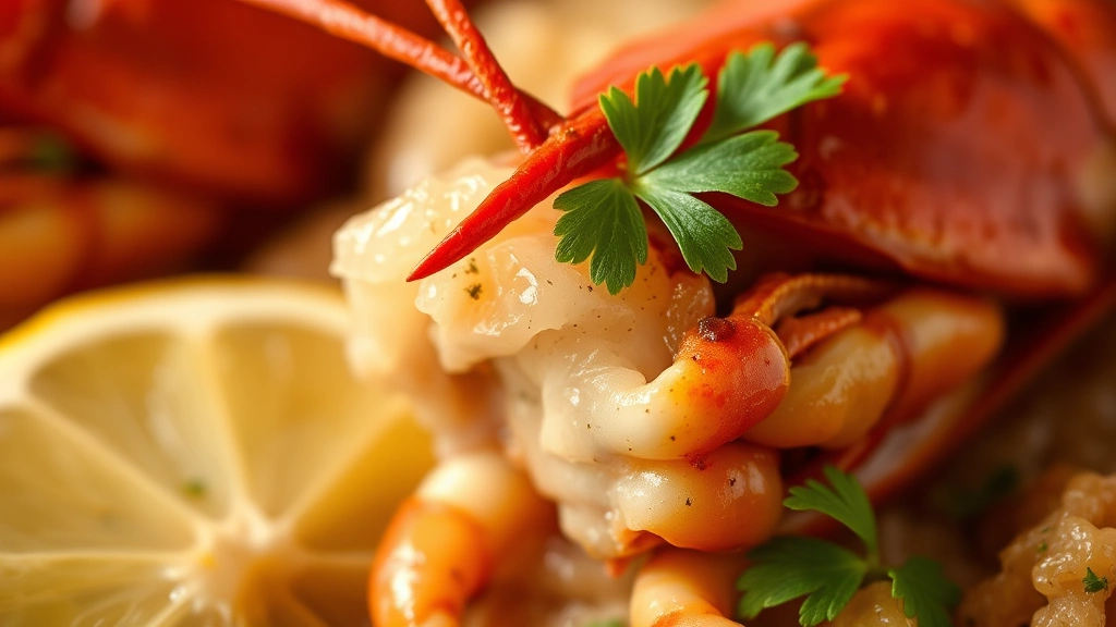 detail: close-up macro shot of single cooked crawfish tail meat pulled open showing tender texture, fresh parsley garnish, lemon wedge beside, shallow depth of field, warm natural light, food photography style, no text