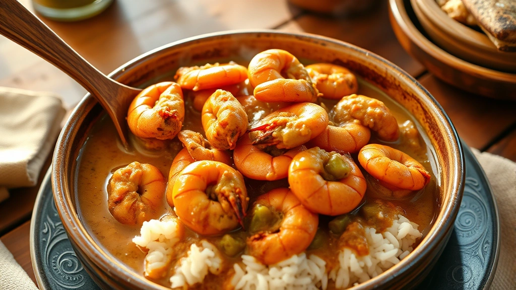 hero: steaming bowl of crawfish etouffee with creamy brown sauce, tender crawfish tails, served over white rice, wooden spoon, rustic Louisiana table setting, photorealistic, natural golden light, no text