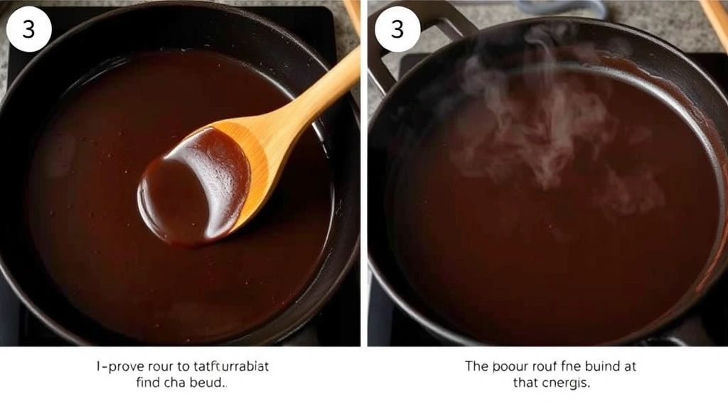 process: roux cooking in cast iron skillet showing deep chocolate brown color, wooden spoon stirring, steam rising, photorealistic, natural kitchen light, no text