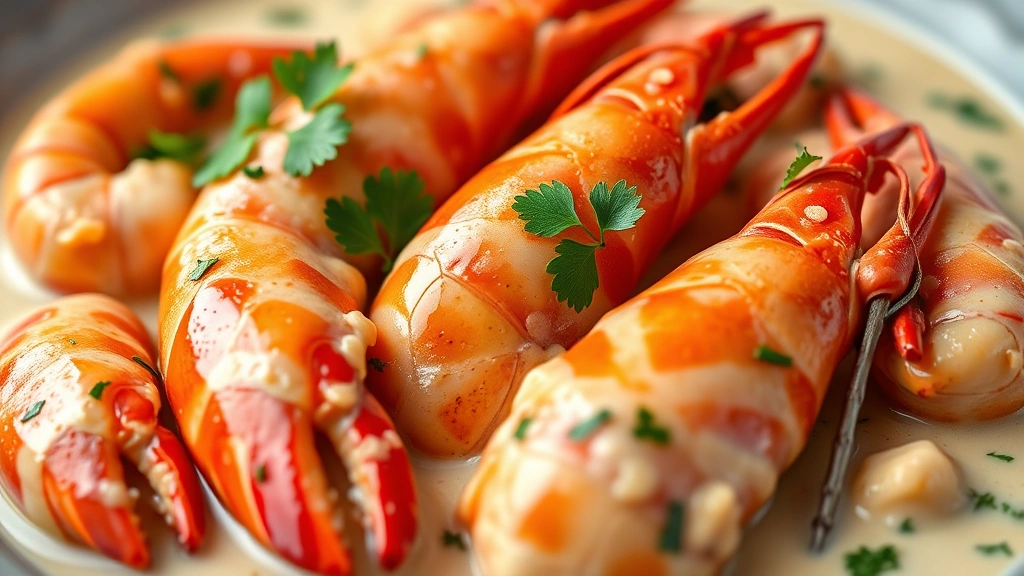 detail: close-up of crawfish tails in creamy sauce with fresh parsley garnish and thyme sprigs, shallow depth of field, photorealistic, warm natural light, no text