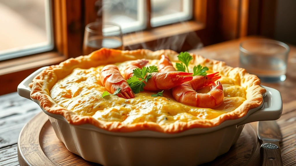 hero: golden-brown crawfish pie with flaky crust in ceramic pie dish, steam rising from vents, fresh parsley garnish, warm natural window lighting, rustic wooden table background