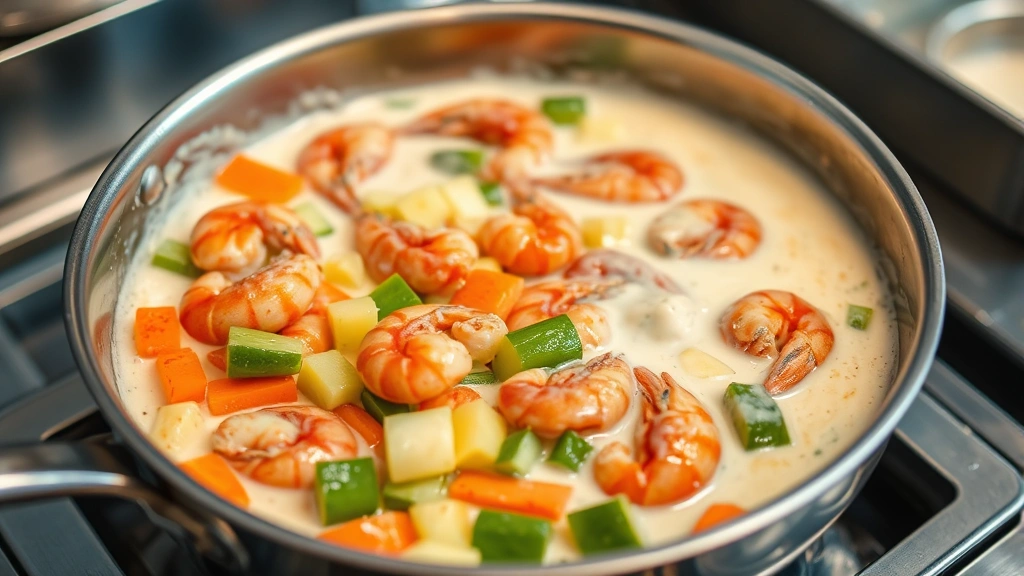 process: sautéing trinity vegetables in butter with crawfish, creamy sauce bubbling gently, professional kitchen lighting, stainless steel pan, action shot