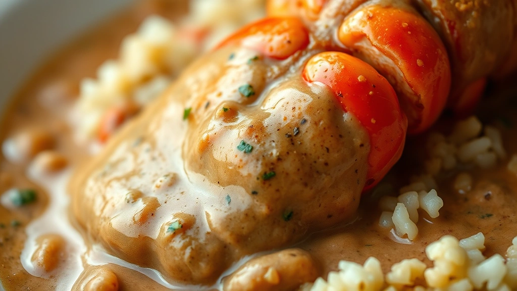 detail: close-up of crawfish étouffée sauce coating a crawfish tail over rice, rich creamy brown sauce with visible herbs and spices, shallow depth of field, photorealistic, warm natural light, no text