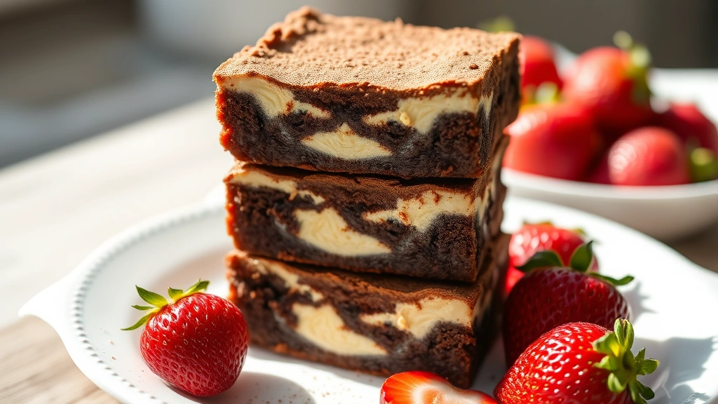 hero: stack of three fudgy cream cheese brownies with white swirl pattern visible, dusted with cocoa powder, sitting on a white plate with fresh strawberries, photorealistic, bright natural sunlight from left, soft shadows, no text, close enough to see texture