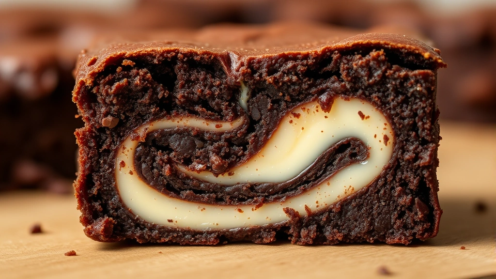 detail: close-up cross-section of single cream cheese brownie showing layers of fudgy chocolate and creamy cheese swirl, photorealistic, shallow depth of field, natural light, no text