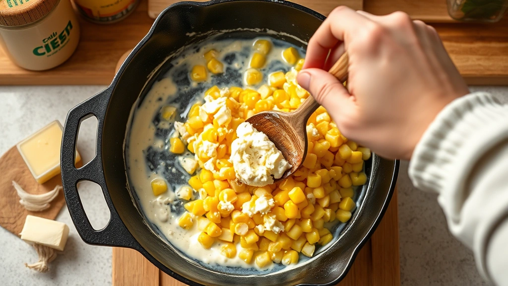 process: hand stirring corn in cast iron skillet with cream cheese melting, steam rising, fresh garlic and butter visible, warm kitchen lighting, photorealistic, no text, action shot
