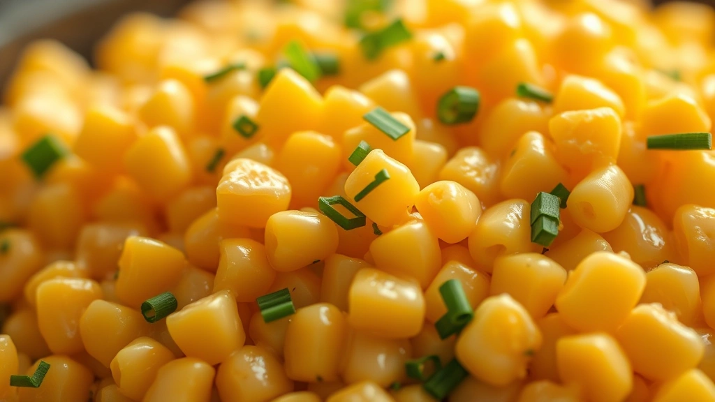detail: close-up macro of creamy corn kernels coated in sauce, individual kernels visible with melted cheese and fresh chives, shallow depth of field, natural window light, photorealistic, no text, appetizing golden tones