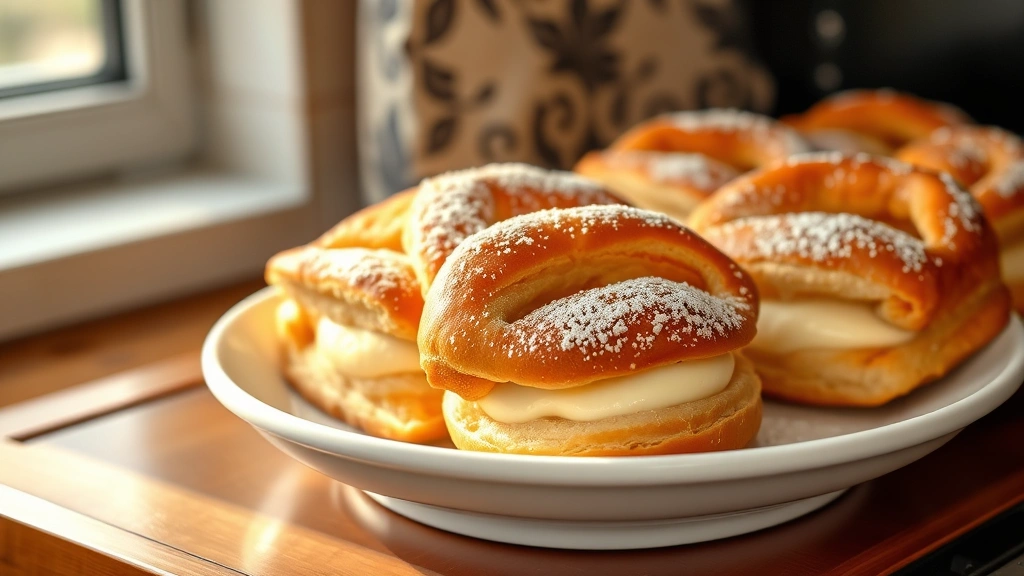 hero: golden-brown cream cheese danish pastries fresh from oven with flaky layers visible, cream cheese filling, dusted with powdered sugar, warm steam, natural morning light through kitchen window, on white ceramic plate, photorealistic, no text