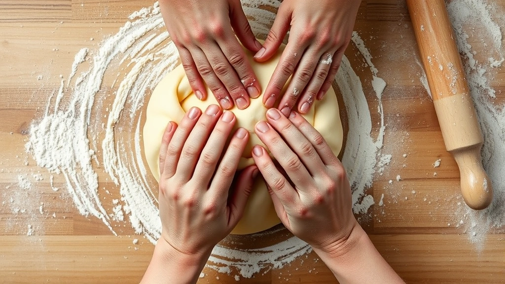 process: hands folding laminated dough for danish, butter layers visible, flour on work surface, rolling pin, natural kitchen lighting, overhead angle, photorealistic, no text