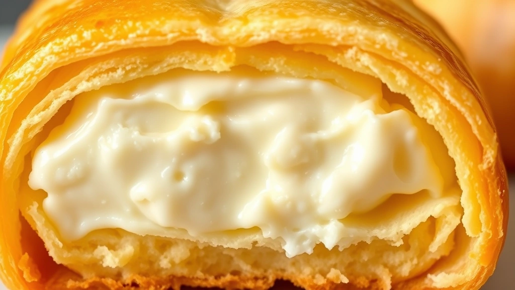 detail: close-up cross-section of single cream cheese danish showing flaky pastry layers and creamy filling, golden pastry shell, natural daylight, sharp focus, photorealistic, no text