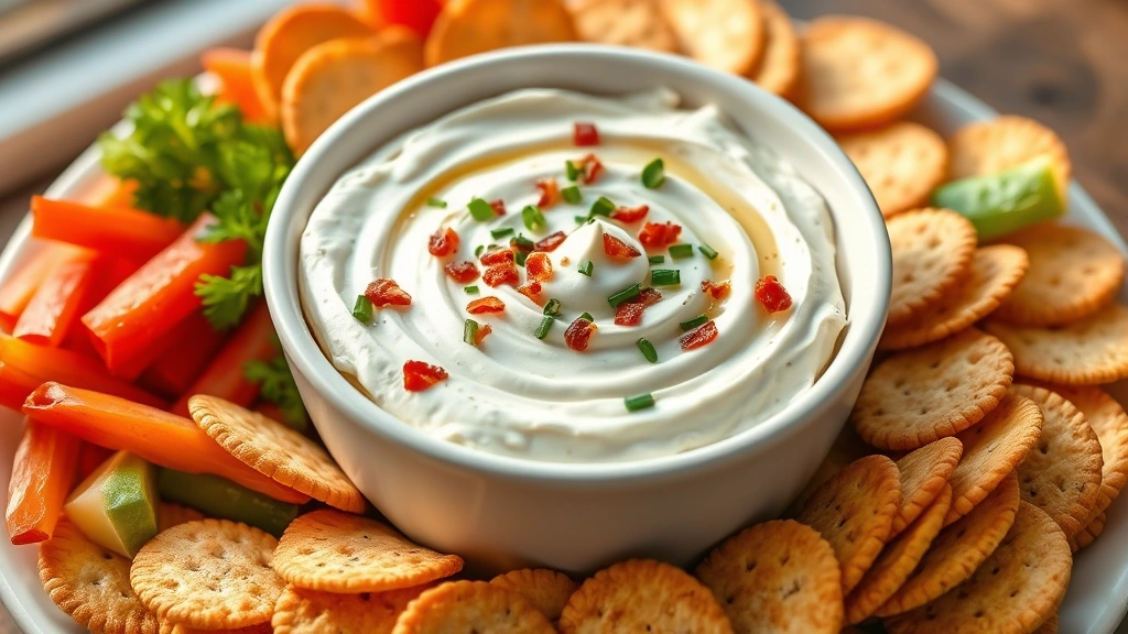 hero: A beautiful creamy white and golden cream cheese dip in a white ceramic bowl with bacon bits, fresh chives, and parsley garnish, surrounded by colorful fresh vegetables and crispy crackers, professional food photography with soft natural window light and warm shadows, shot from above at a 45-degree angle, no text or watermarks