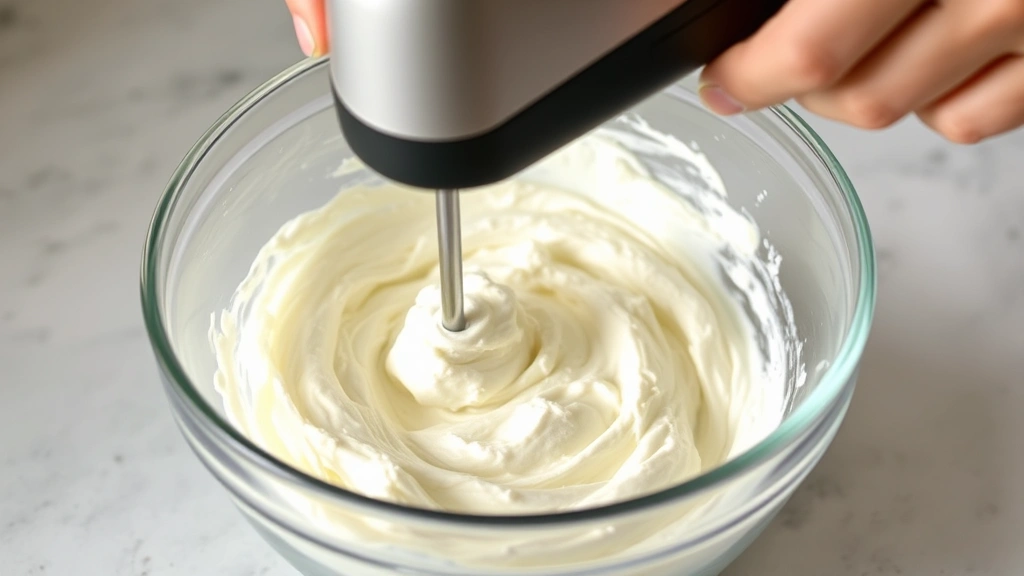 process: Hands using an electric mixer to blend softened cream cheese in a glass mixing bowl, showing the creamy smooth texture forming, natural kitchen lighting, close-up view capturing the mixing action and the dip's consistency, no text