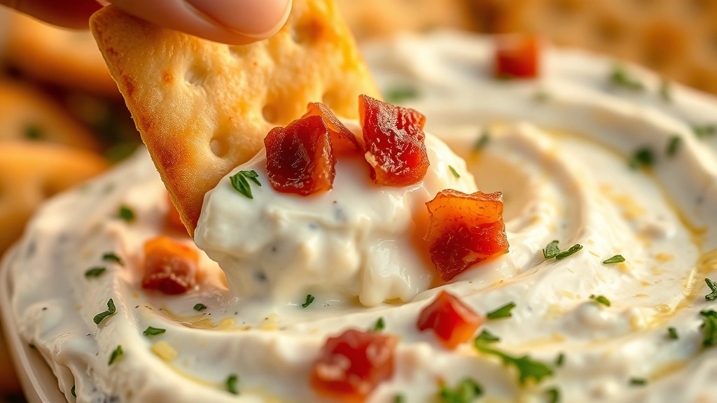 detail: A close-up shot of a loaded cracker being dipped into the cream cheese dip, showing the creamy texture clinging to the cracker, with crispy bacon bits and fresh herbs visible, golden-hour lighting creating depth and dimension, macro photography style, no text