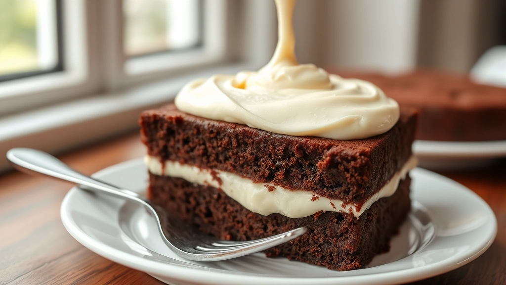 hero: fluffy cream cheese filling piped onto chocolate cake layer, photorealistic, soft natural light from window, white ceramic plate with fork, no text