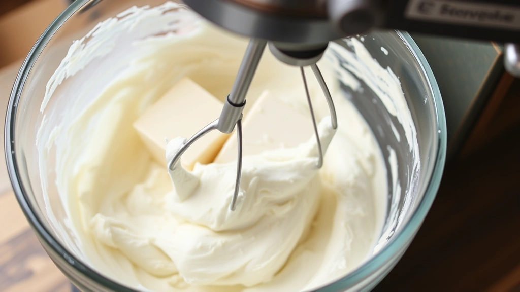 process: electric mixer beating cream cheese and butter until fluffy, close-up of mixing bowl with light and airy mixture, photorealistic, natural kitchen lighting, no text