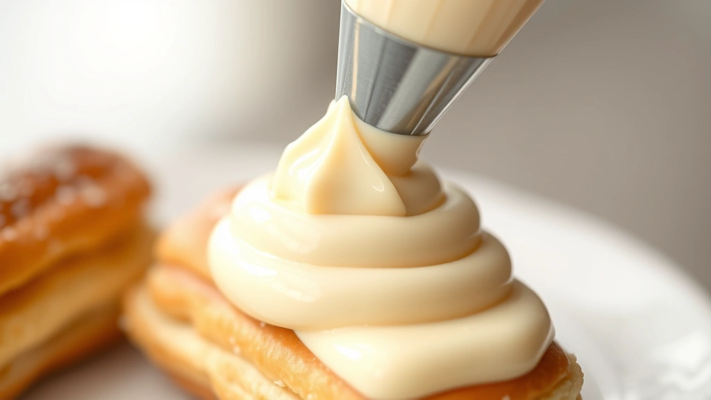 detail: cream cheese filling being piped through pastry bag with star tip into eclair, photorealistic, macro close-up, natural light, no text