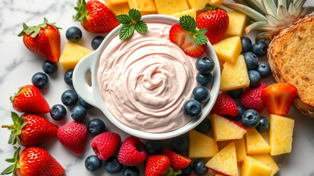 hero: creamy white and pink cream cheese fruit dip in an elegant serving bowl surrounded by colorful fresh strawberries, blueberries, raspberries, and pineapple chunks on a white marble surface, photorealistic, natural bright window light, no text, shot from above at 45 degree angle