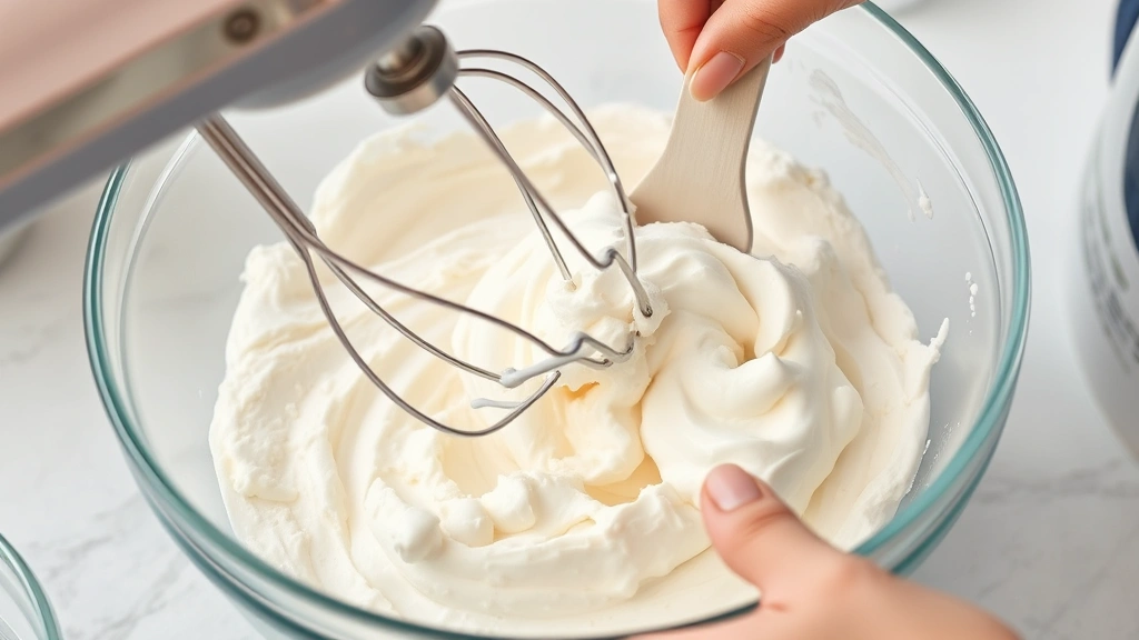 process: electric mixer beating fluffy cream cheese in a large glass mixing bowl, marshmallow fluff visible, whipped cream being folded in with a rubber spatula, hands in frame, photorealistic, natural kitchen light, no text, close action shot