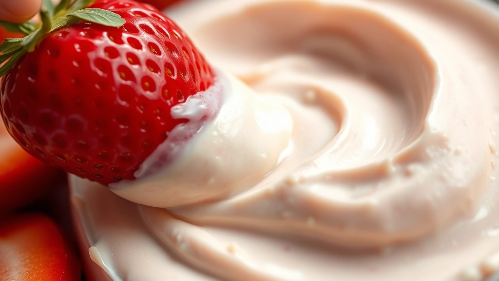 detail: close-up macro shot of creamy dip texture with a fresh strawberry being dipped, showing the smooth fluffy consistency and dripping dip, photorealistic, natural light, shallow depth of field, no text, appetizing presentation